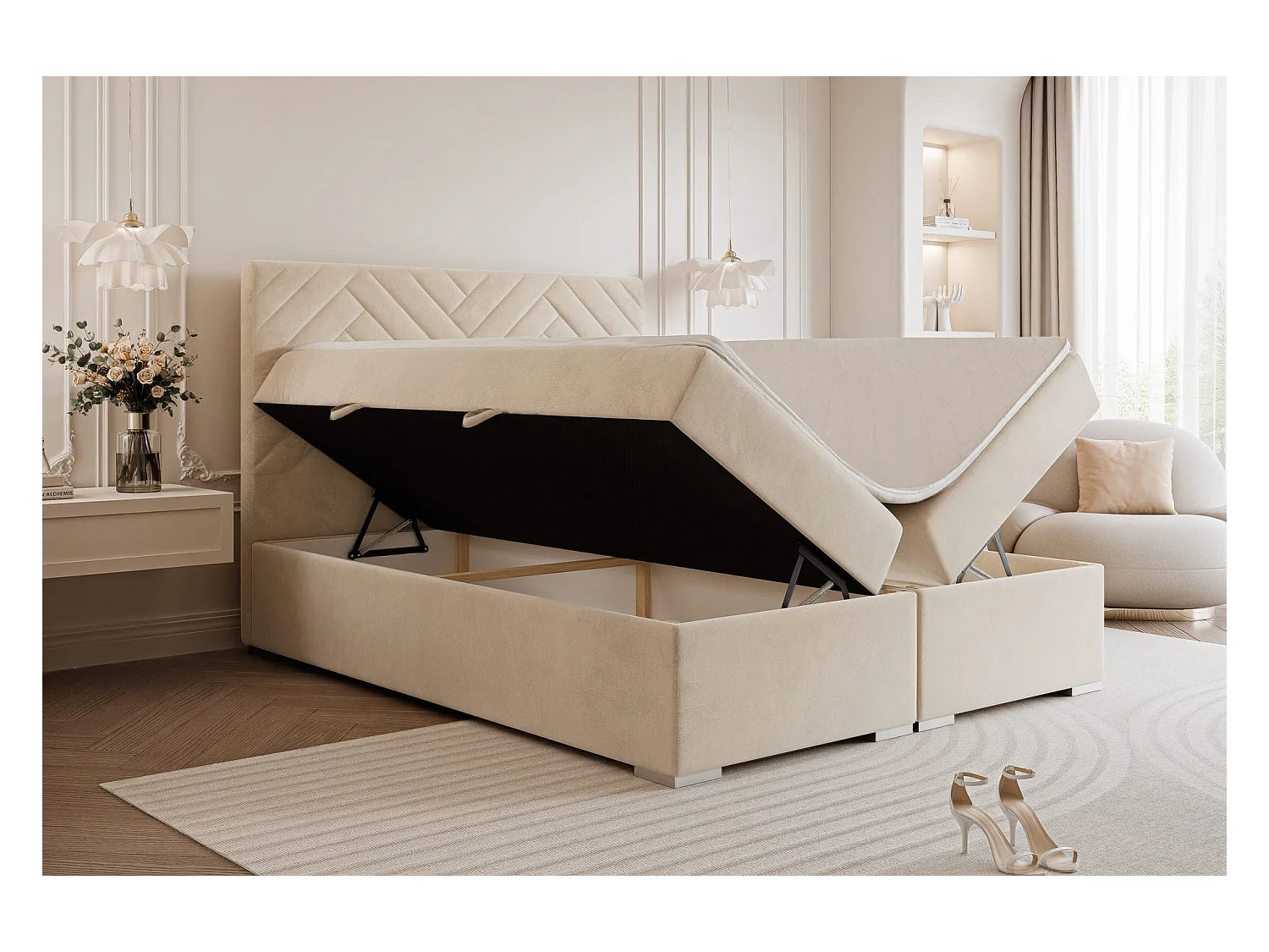 Lit continental rembourré avec surmatelas, beige - 180x200 - NEREA