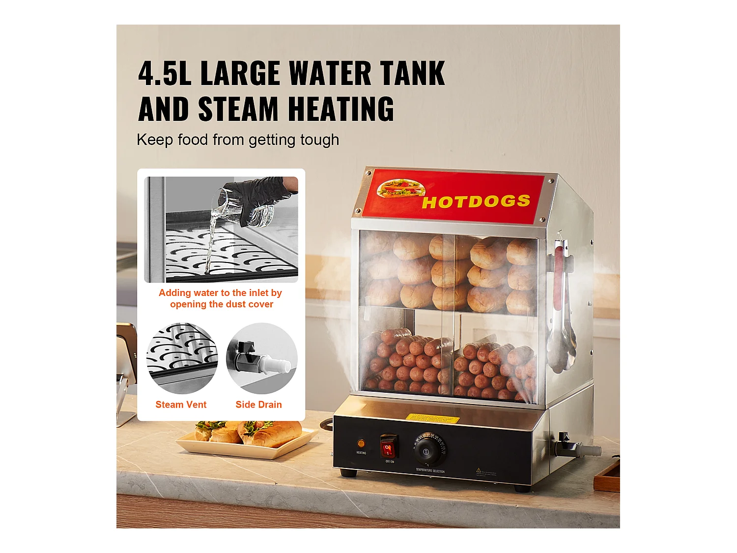 Cuiseur Vapeur pour Hot-Dogs Commercial SucceBuy Chauffe-Petits Pains électrique à 2 Niveaux Portes Coulissantes 27 L