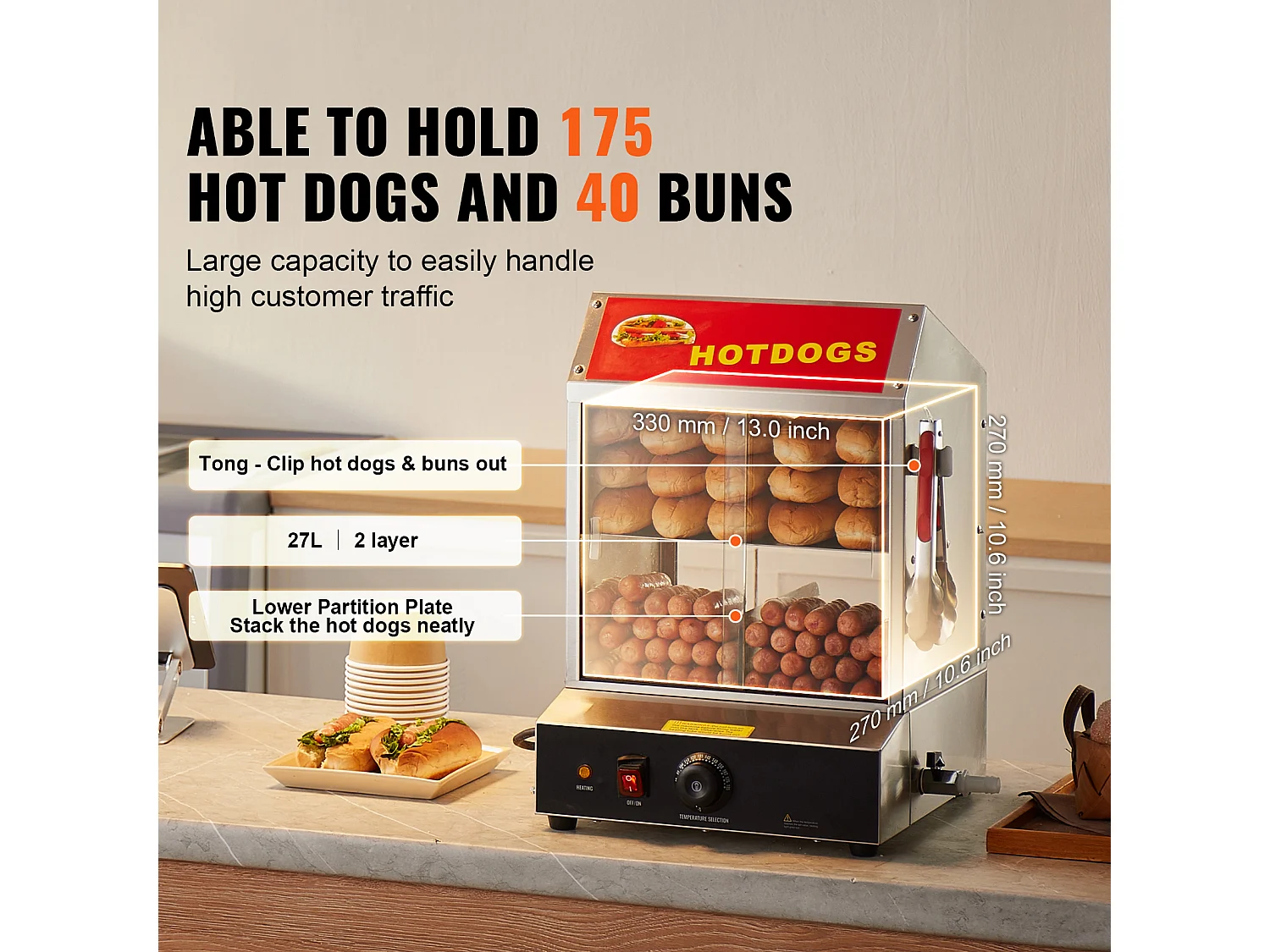 Cocedor de Vapor para Hot Dogs Comercial SucceBuy Calienta Panecillos Eléctrico de 2 Niveles Puertas Correderas 27 L