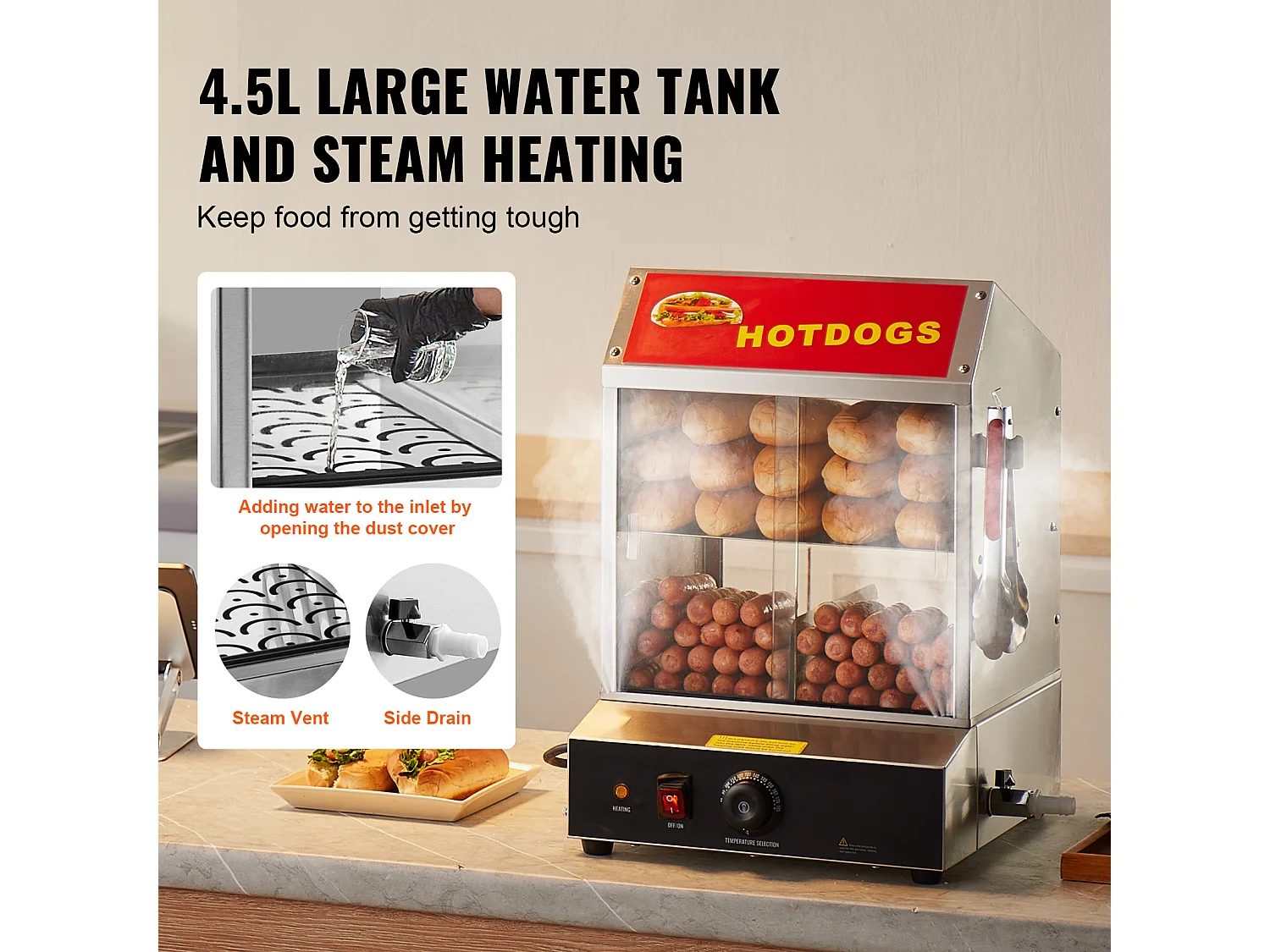 Cocedor de Vapor para Hot Dogs Comercial SucceBuy Calienta Panecillos Eléctrico de 2 Niveles Puertas Correderas 27 L