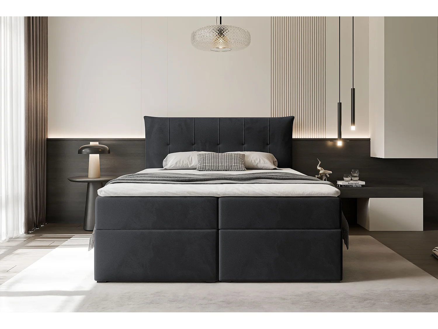 Lit continental rembourré avec surmatelas, noir - 140x200 - CHESTER