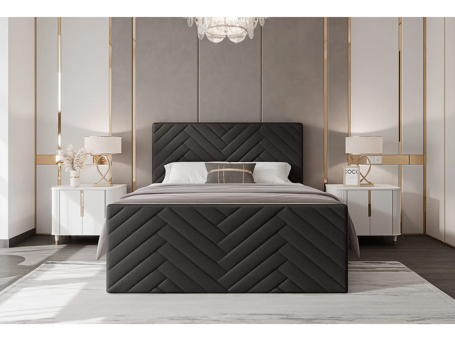 Lit continental rembourré avec surmatelas, noir  - 200x200 - NEREA PLUS