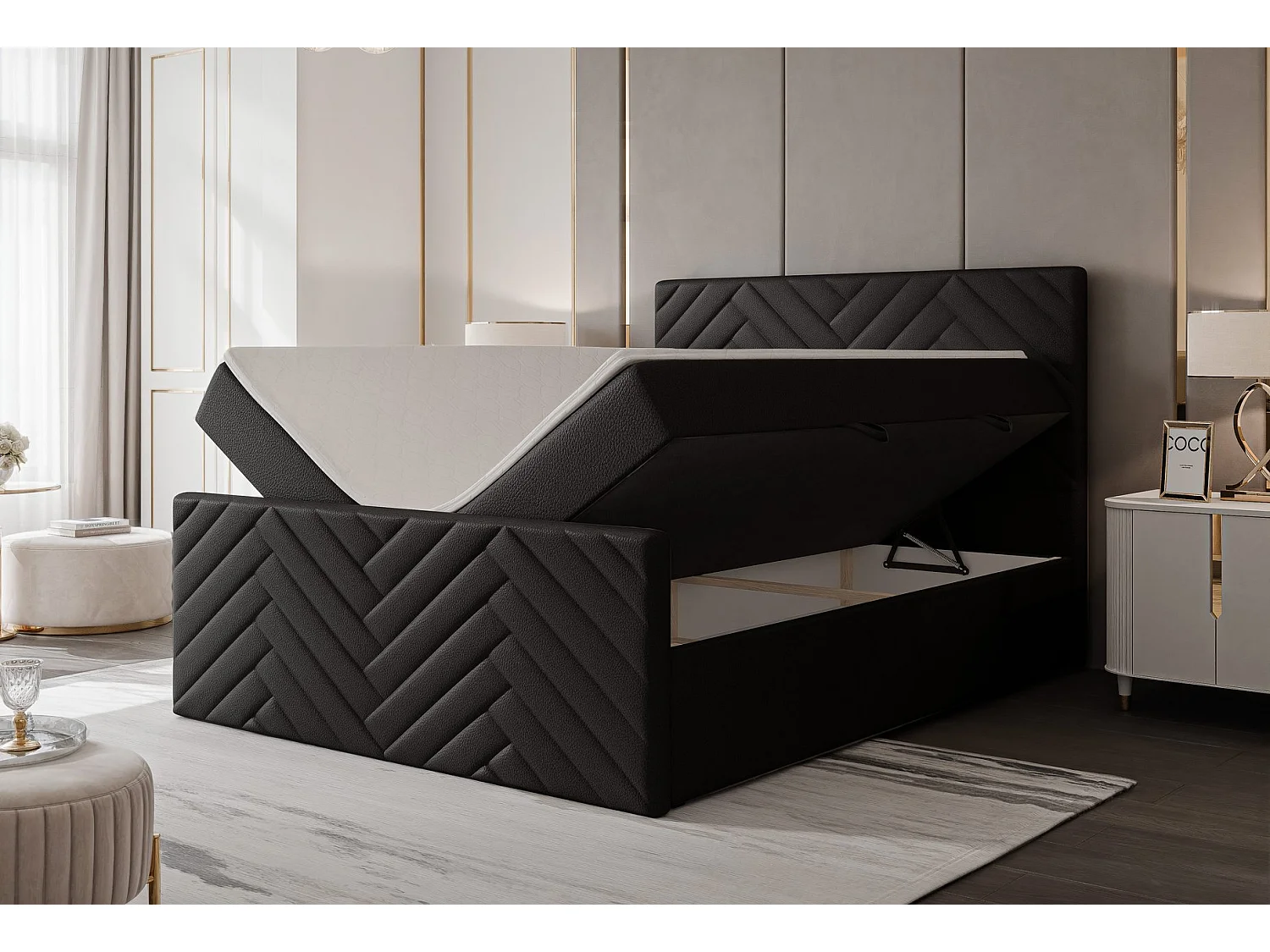 Lit continental rembourré avec surmatelas, noir  - 200x200 - NEREA PLUS