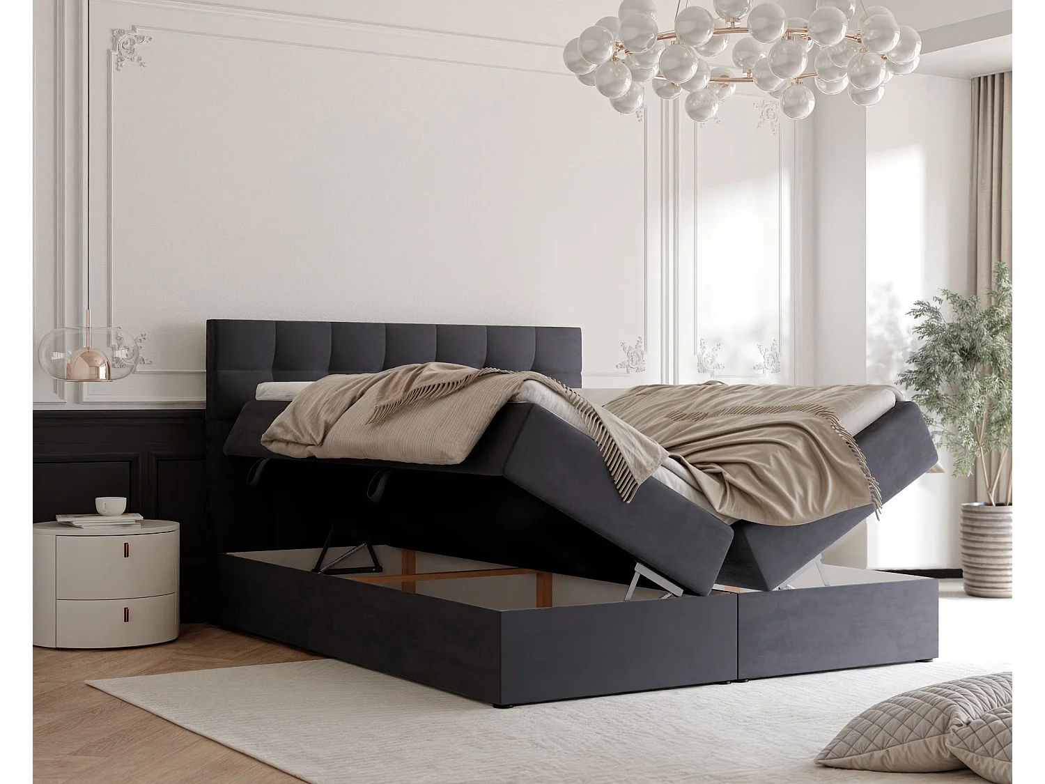 Lit continental rembourré avec surmatelas, gris anthracite - 180x200 - GRAND