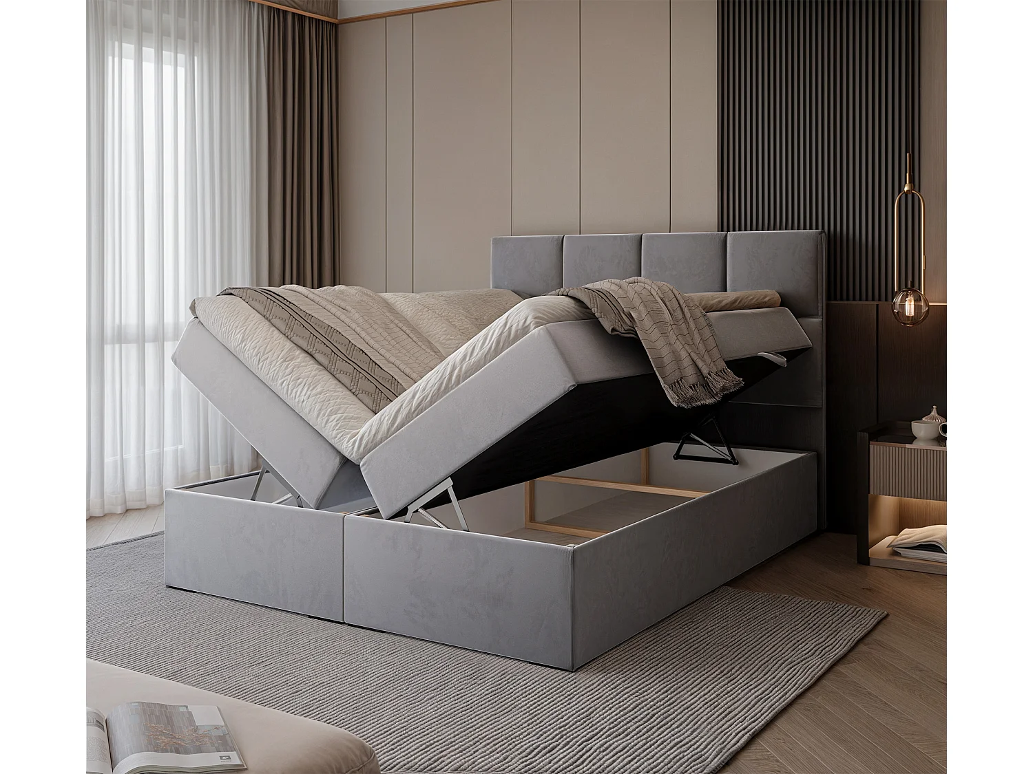 Lit continental rembourré avec surmatelas, gris clair - 160x200 - MAGNUS