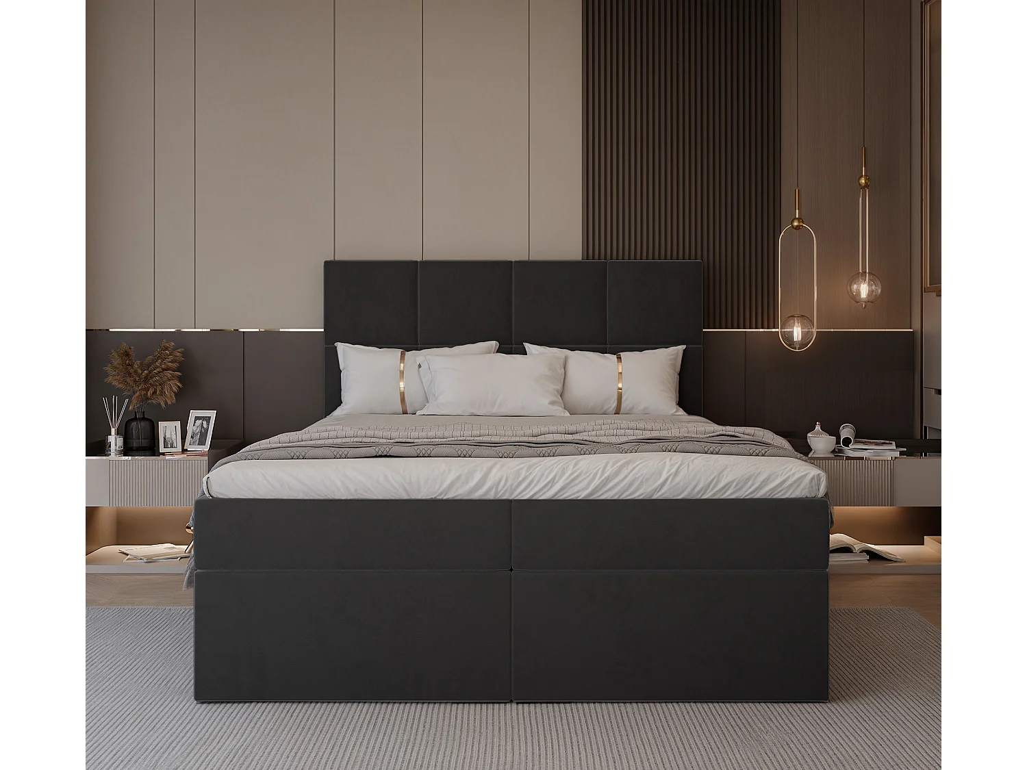 Lit continental rembourré avec surmatelas, noir - 160x200 - MAGNUS