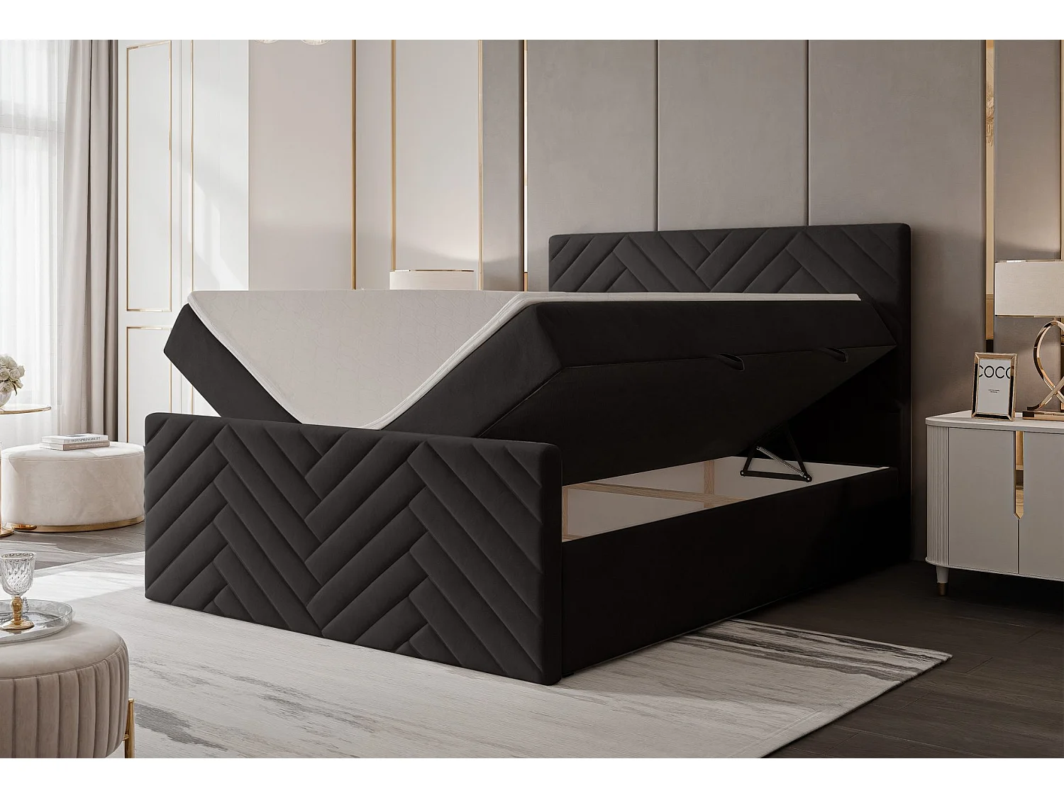 Lit continental rembourré avec surmatelas, noir - 160x200 - NEREA PLUS