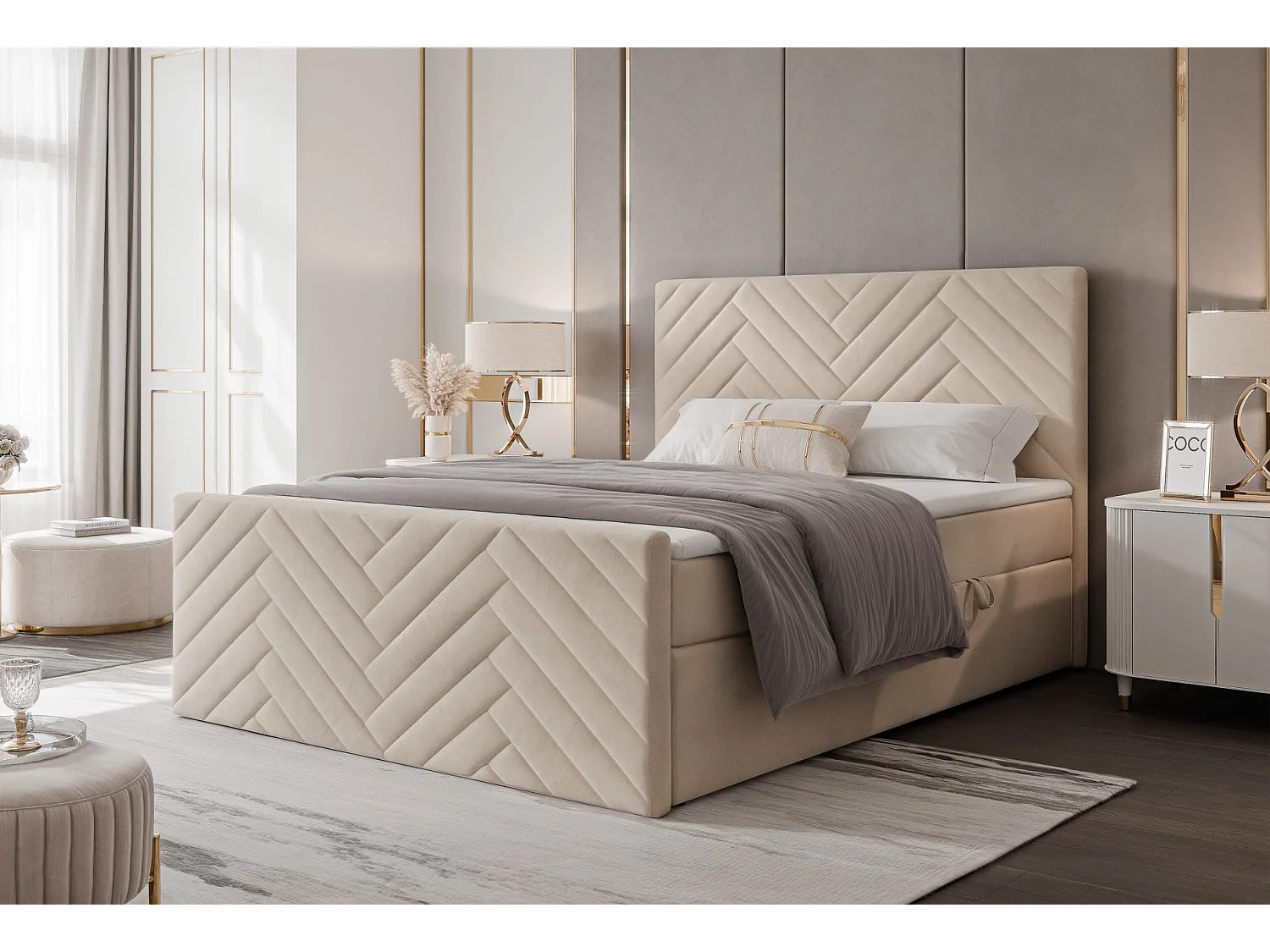 Lit continental rembourré avec surmatelas, crème - 160x200 - NEREA PLUS