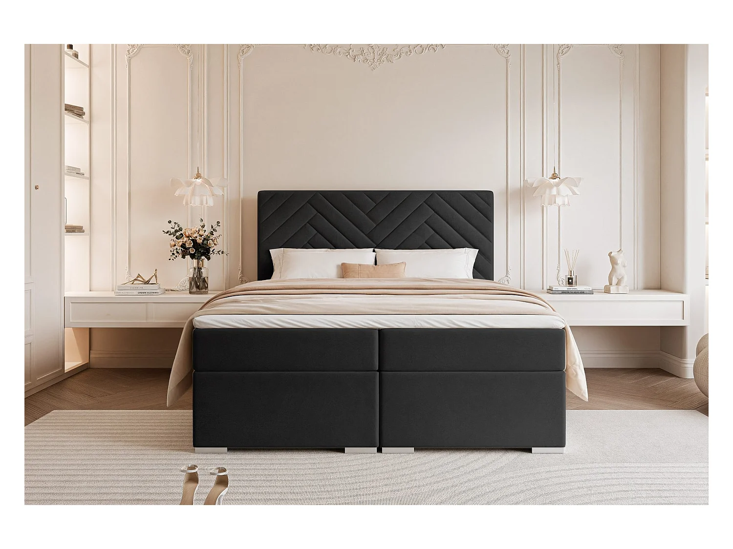 Lit continental rembourré avec surmatelas, noir - 200x200 - NEREA