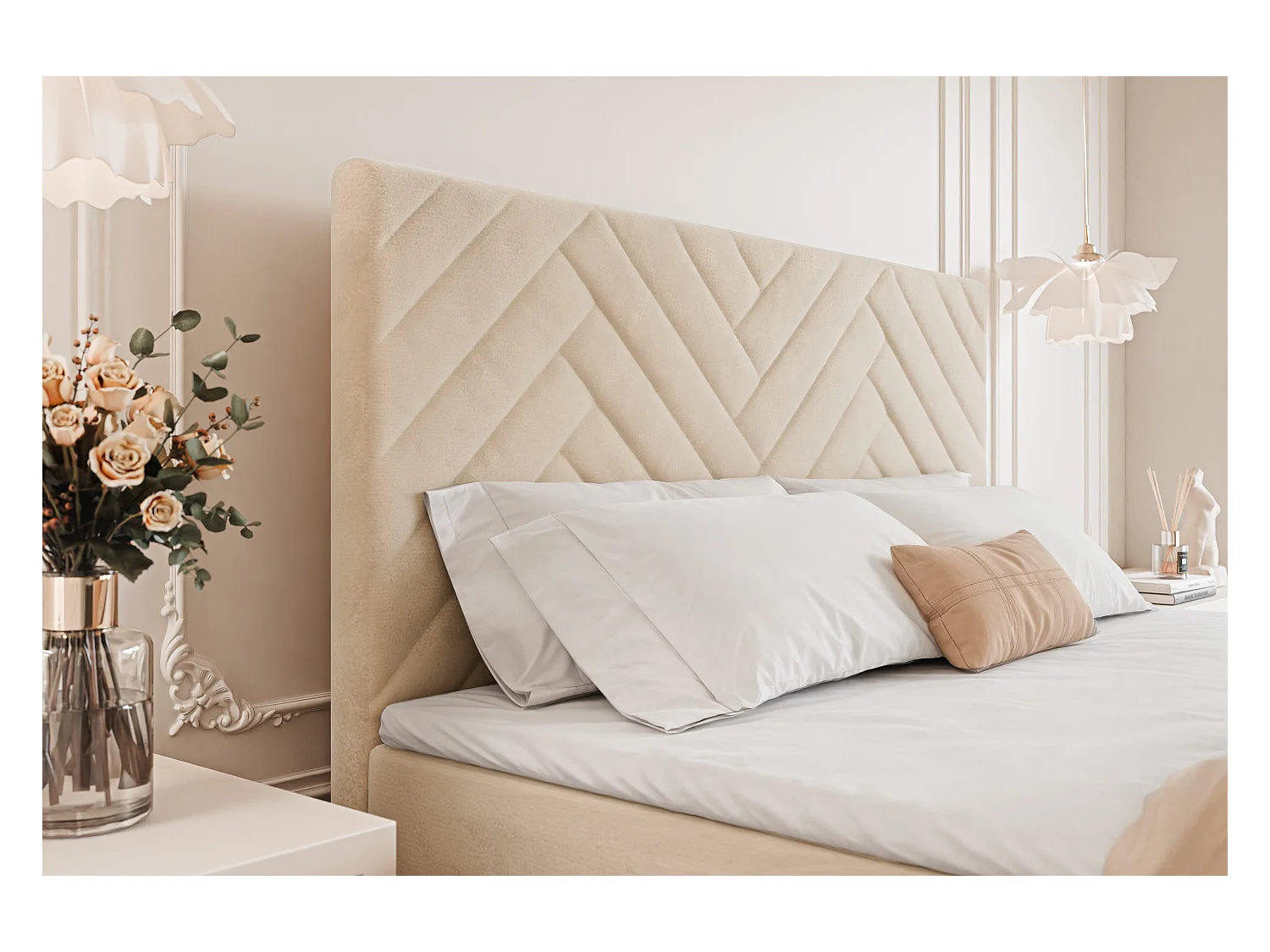 Lit continental rembourré avec surmatelas, crème - 160x200 - NEREA