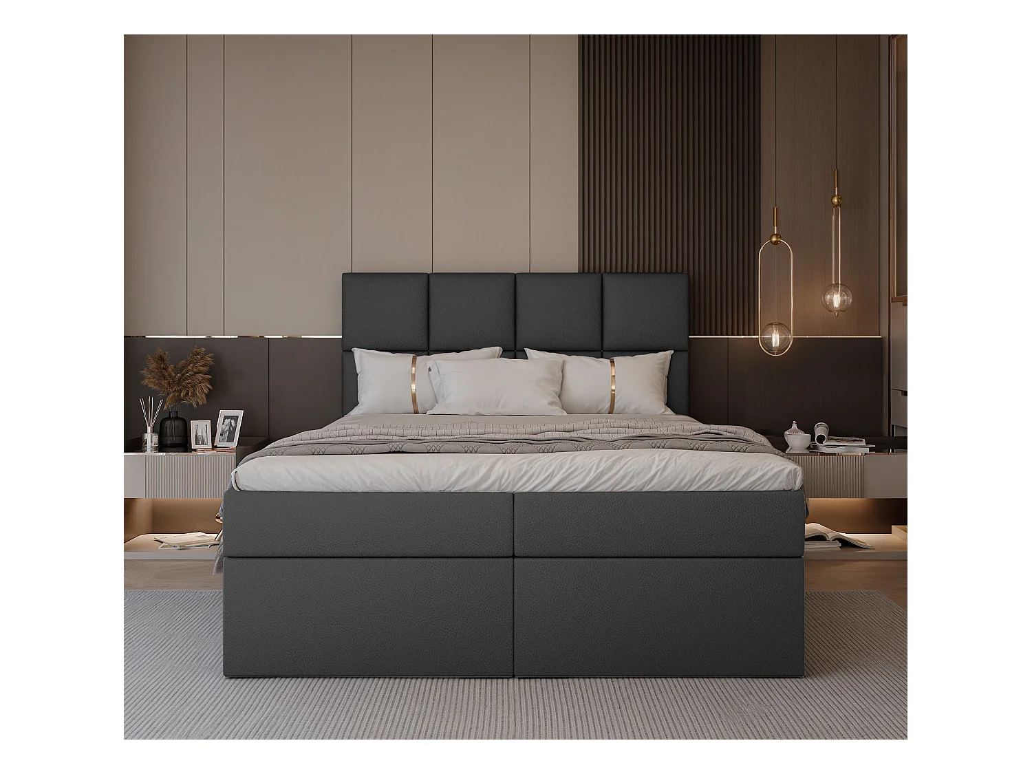 Lit continental rembourré avec surmatelas, noir  - 180x200 - MAGNUS