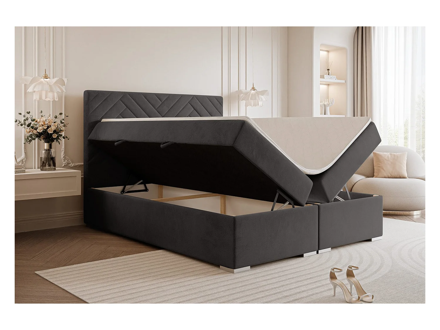 Lit continental rembourré avec surmatelas, gris anthracite - 160x200 - NEREA