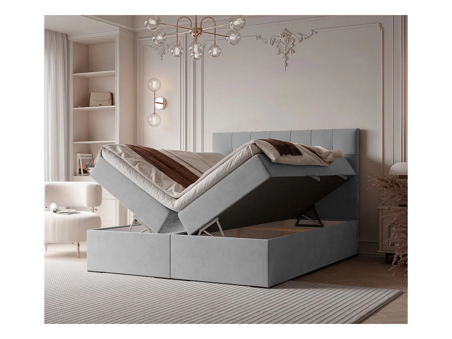 Lit continental rembourré avec surmatelas, gris clair - 200x200 - IMPERIAL