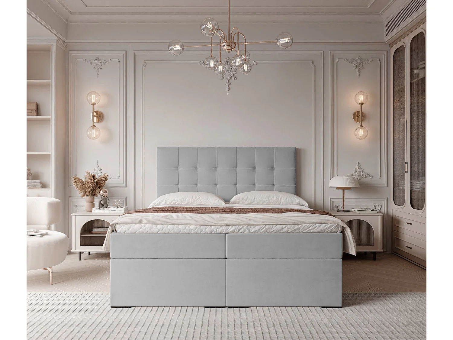 Lit continental rembourré avec surmatelas, gris clair - 200x200 - IMPERIAL