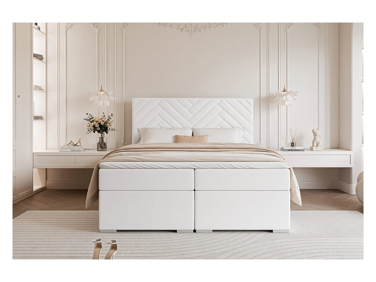 Lit continental rembourré avec surmatelas, blanc  - 200x200 - NEREA