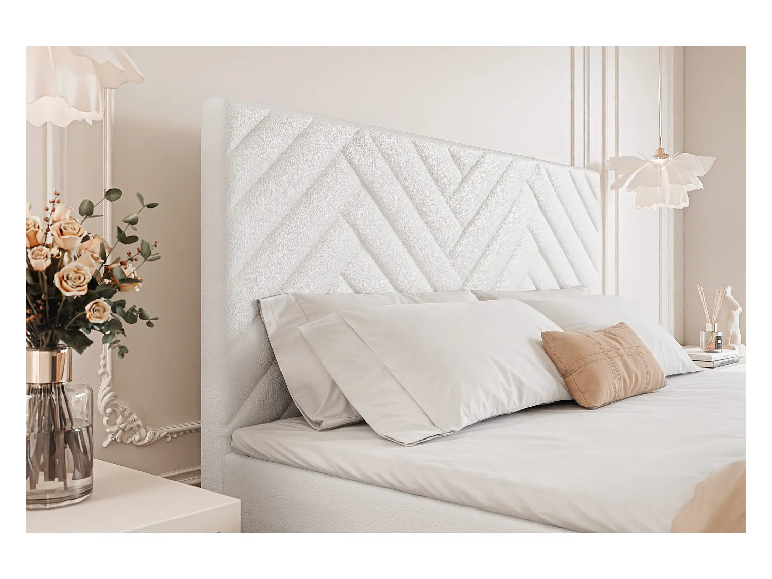 Lit continental rembourré avec surmatelas, blanc  - 200x200 - NEREA