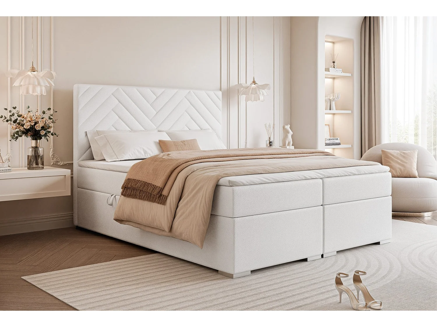 Lit continental rembourré avec surmatelas, blanc  - 200x200 - NEREA