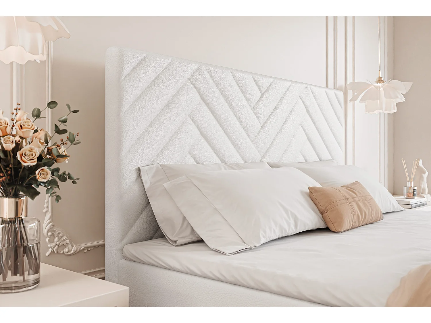 Lit continental rembourré avec surmatelas, blanc  - 200x200 - NEREA
