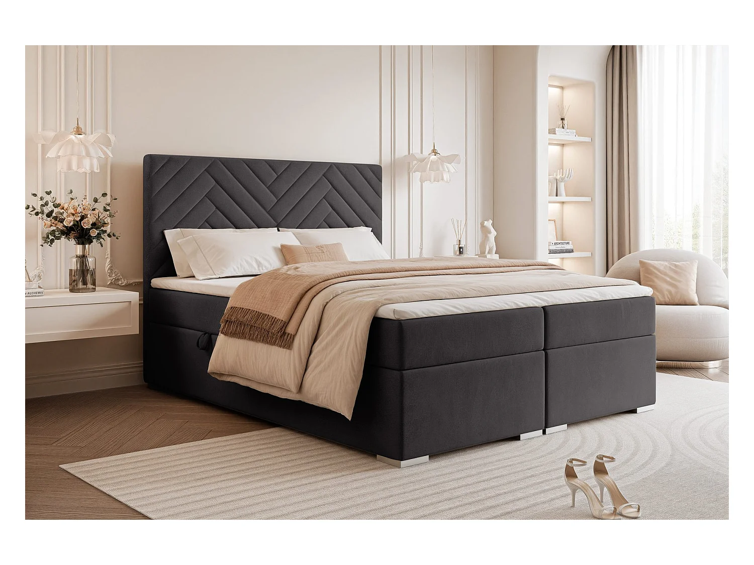 Lit continental rembourré avec surmatelas, gris anthracite - 140x200 - NEREA