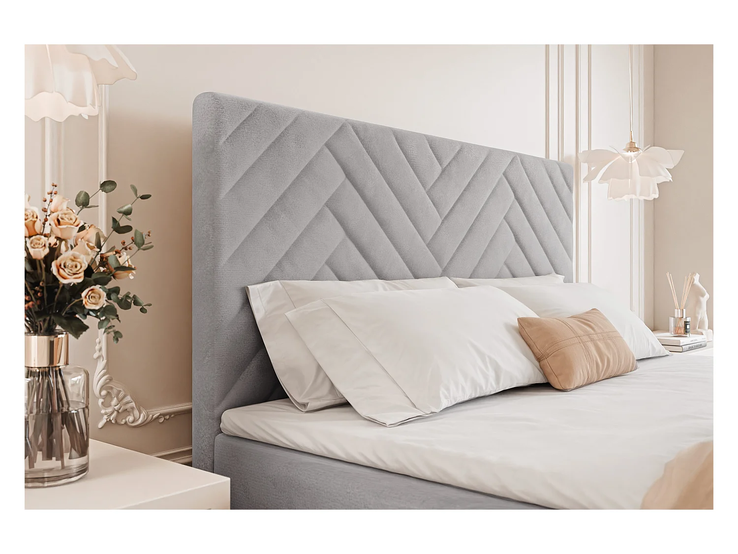 Lit continental rembourré avec surmatelas, gris - 200x200 - NEREA