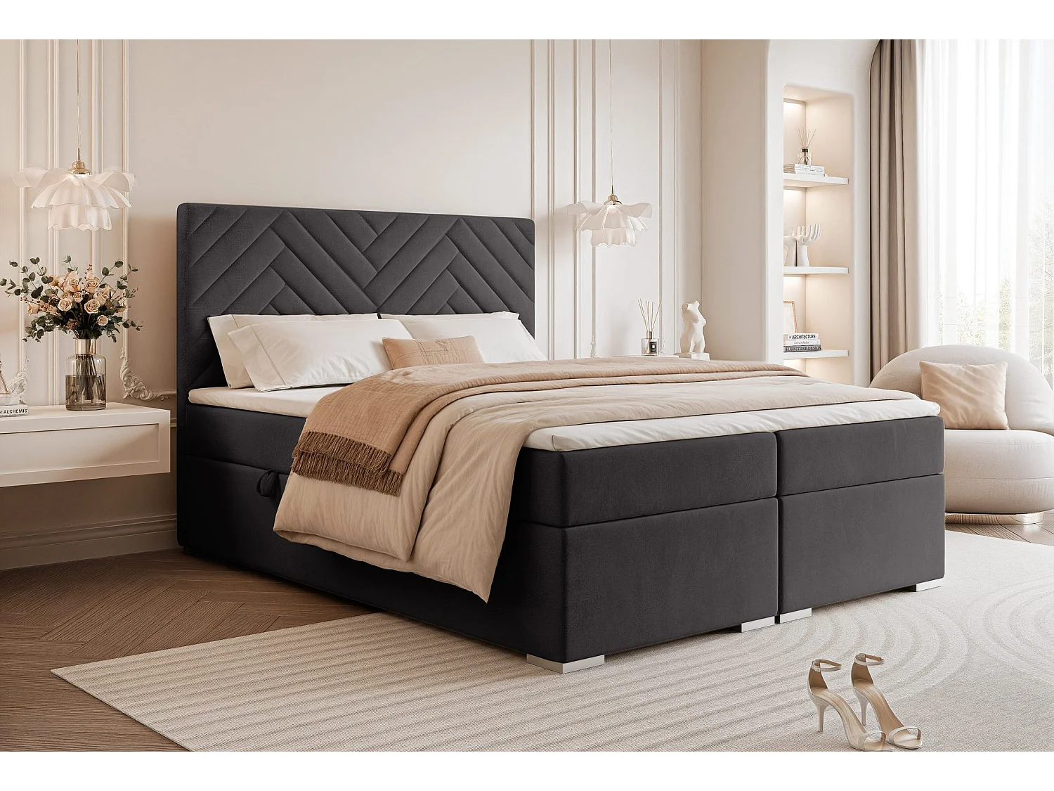 Lit continental rembourré avec surmatelas, gris anthracite - 120x200 - NEREA