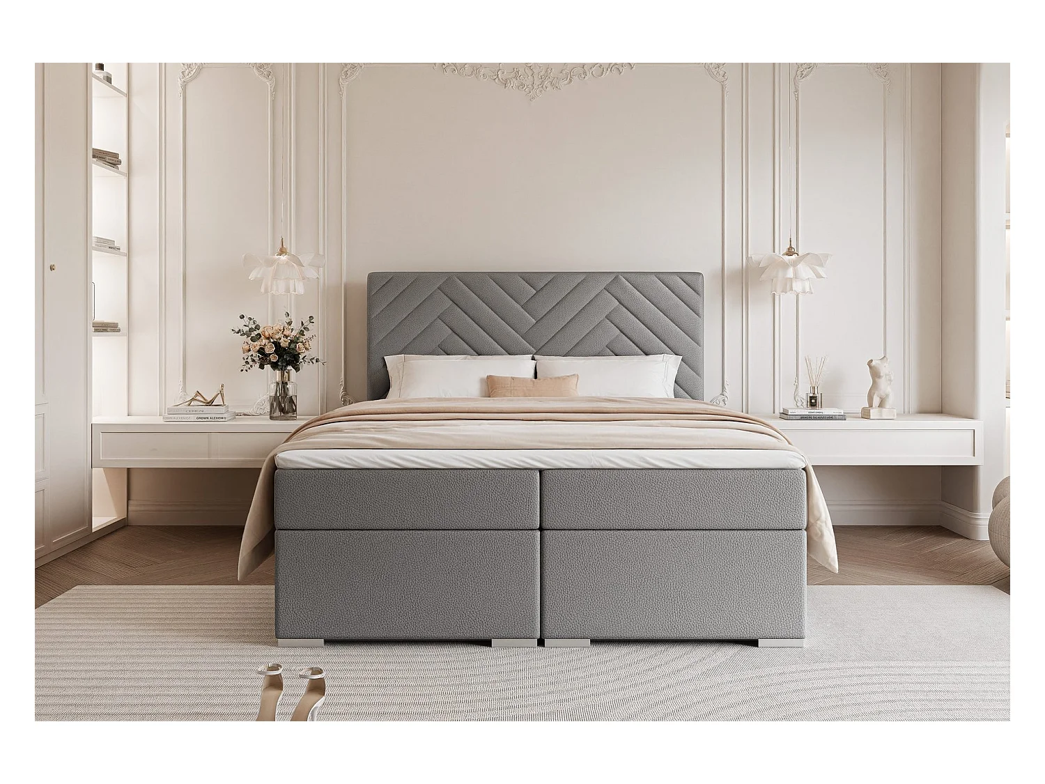 Lit continental rembourré avec surmatelas, gris  - 140x200 - NEREA