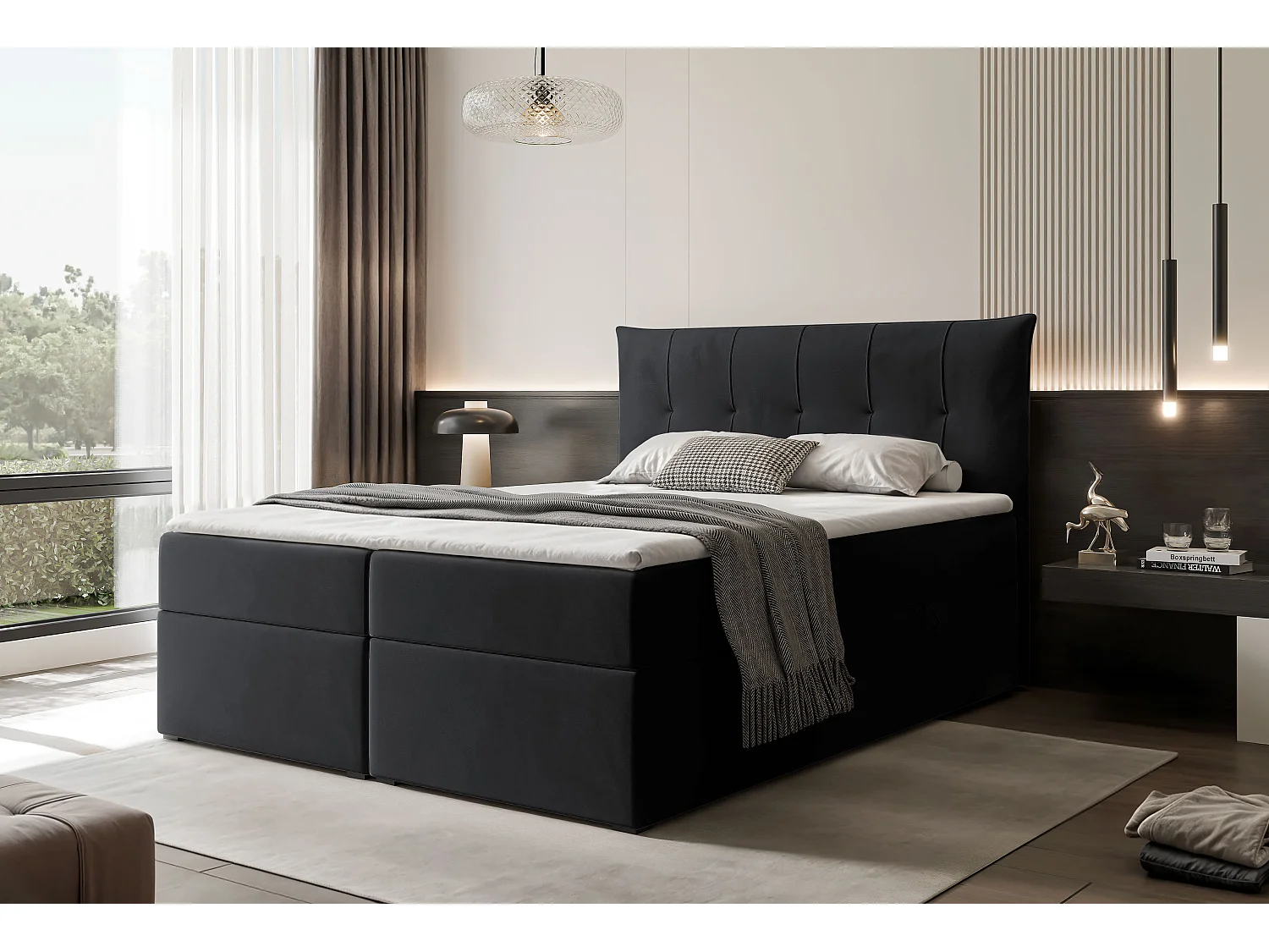 Lit continental rembourré avec surmatelas, noir - 180x200 - CHESTER