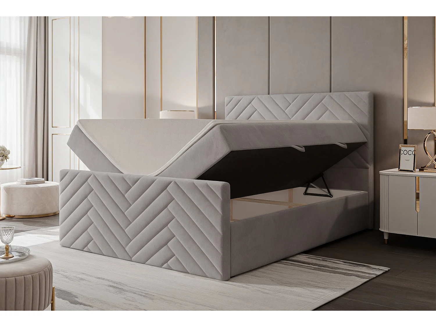 Lit continental rembourré avec surmatelas, gris clair - 180x200 - NEREA PLUS