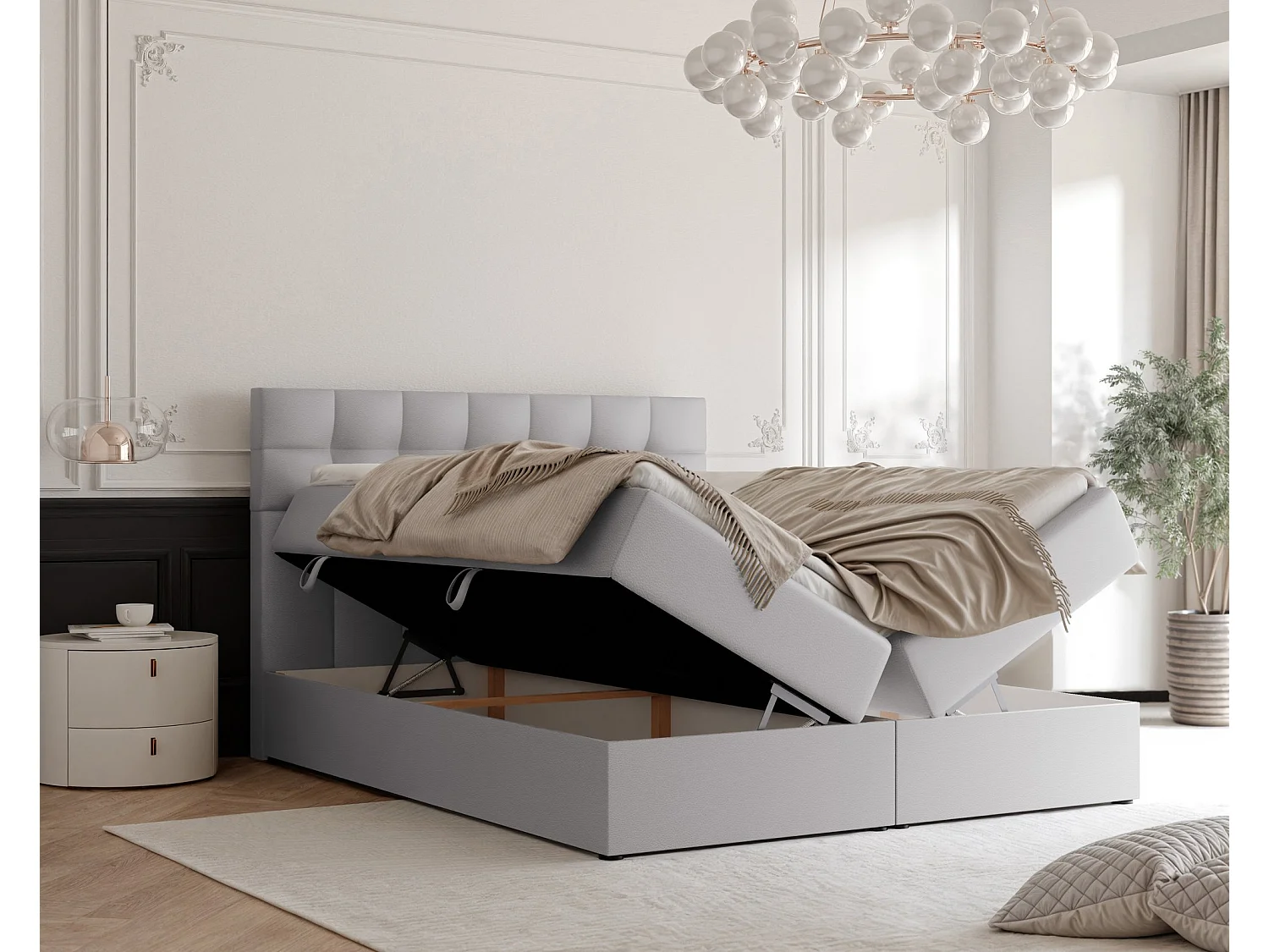 Lit continental rembourré avec surmatelas, gris  - 160x200 - GRAND