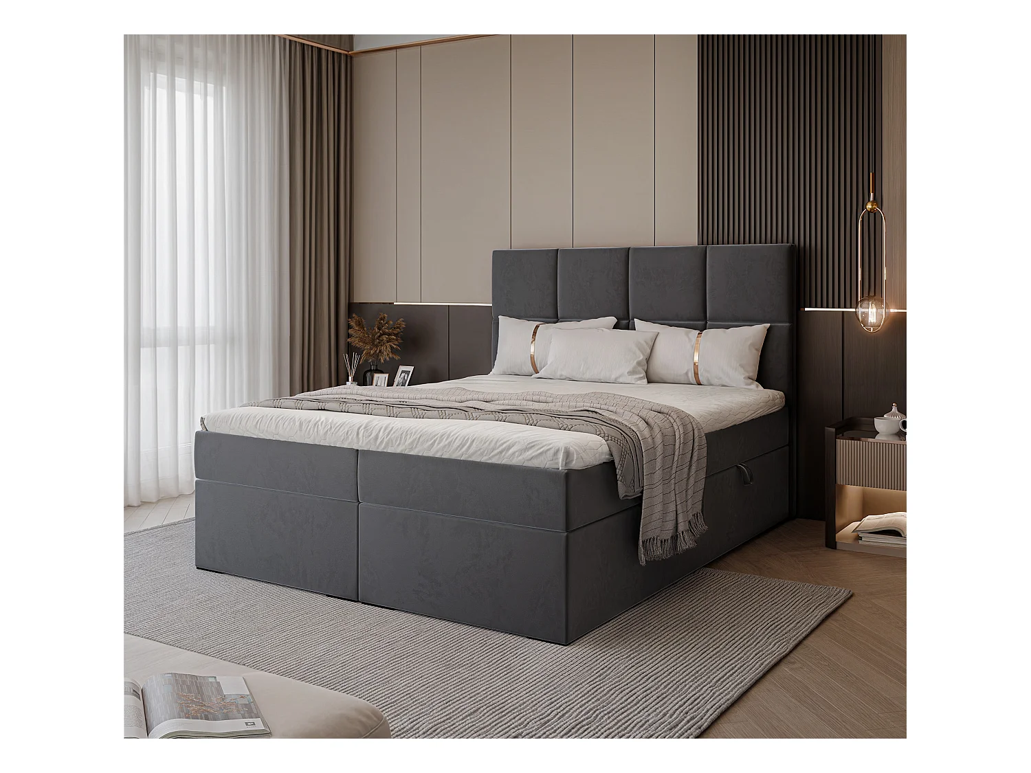 Lit continental rembourré avec surmatelas, gris anthracite - 180x200 - MAGNUS