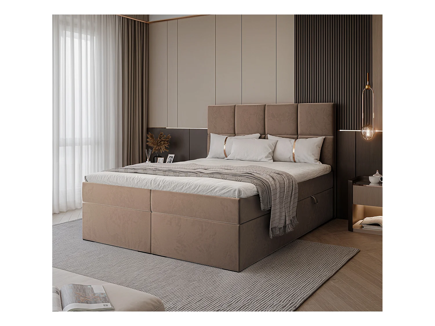 Lit continental rembourré avec surmatelas, marron - 160x200 - MAGNUS