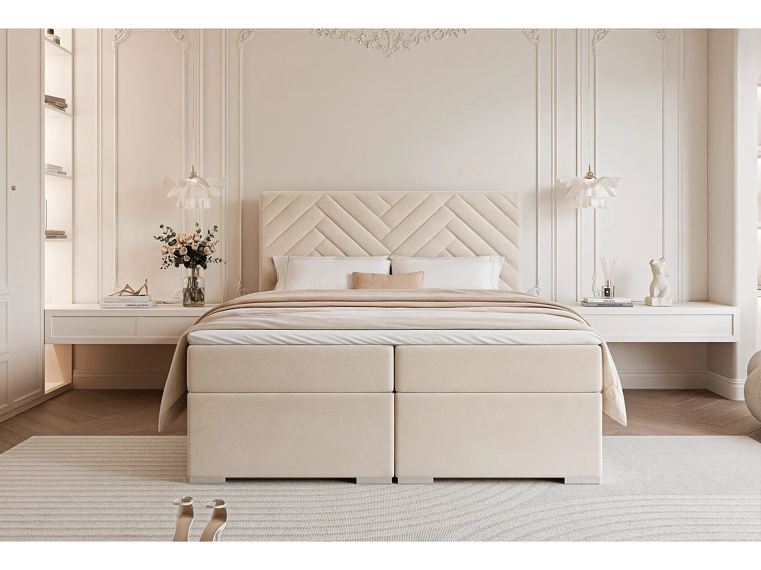 Lit continental rembourré avec surmatelas, beige - 160x200 - NEREA