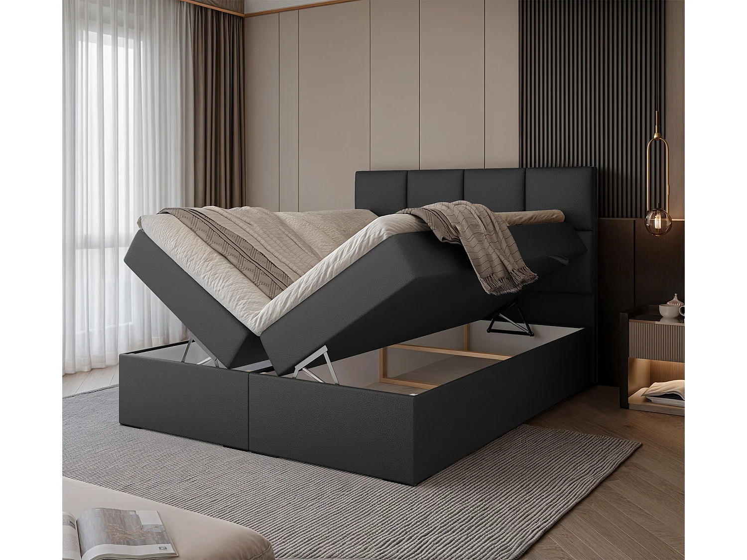 Lit continental rembourré avec surmatelas, noir  - 200x200 - MAGNUS