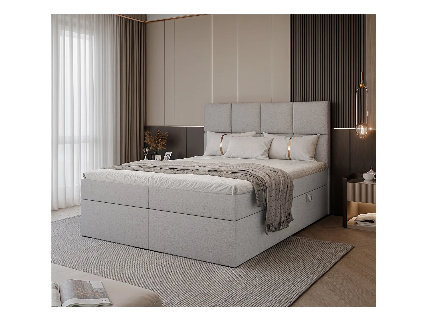 Lit continental rembourré avec surmatelas, gris  - 160x200 - MAGNUS