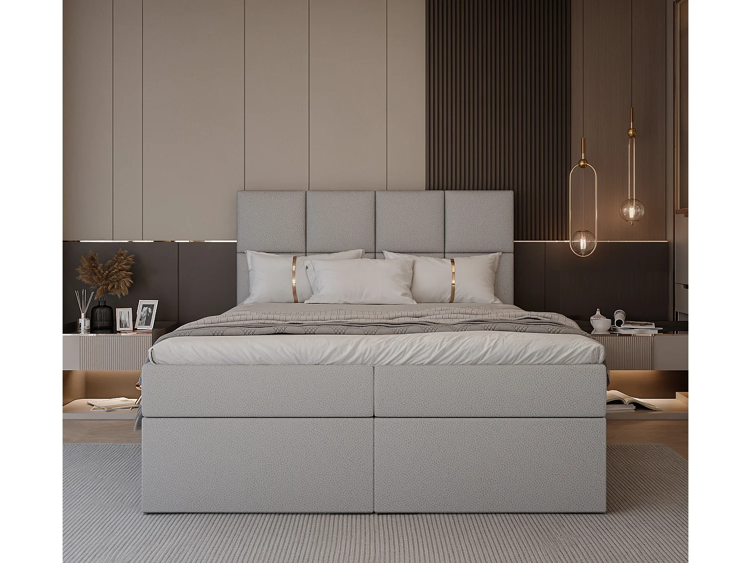 Lit continental rembourré avec surmatelas, gris  - 160x200 - MAGNUS