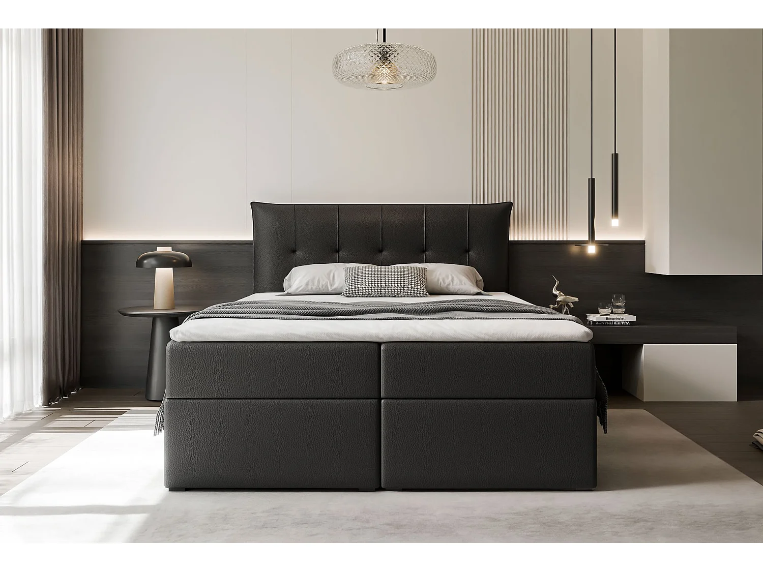 Lit continental rembourré avec surmatelas, noir  - 200x200 - CHESTER