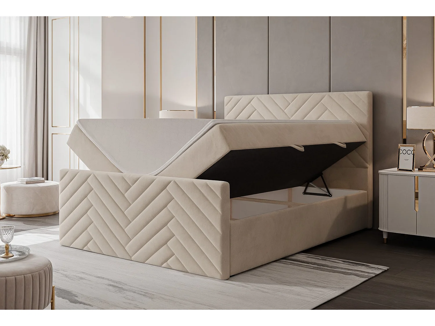 Lit continental rembourré avec surmatelas, crème - 180x200 - NEREA PLUS