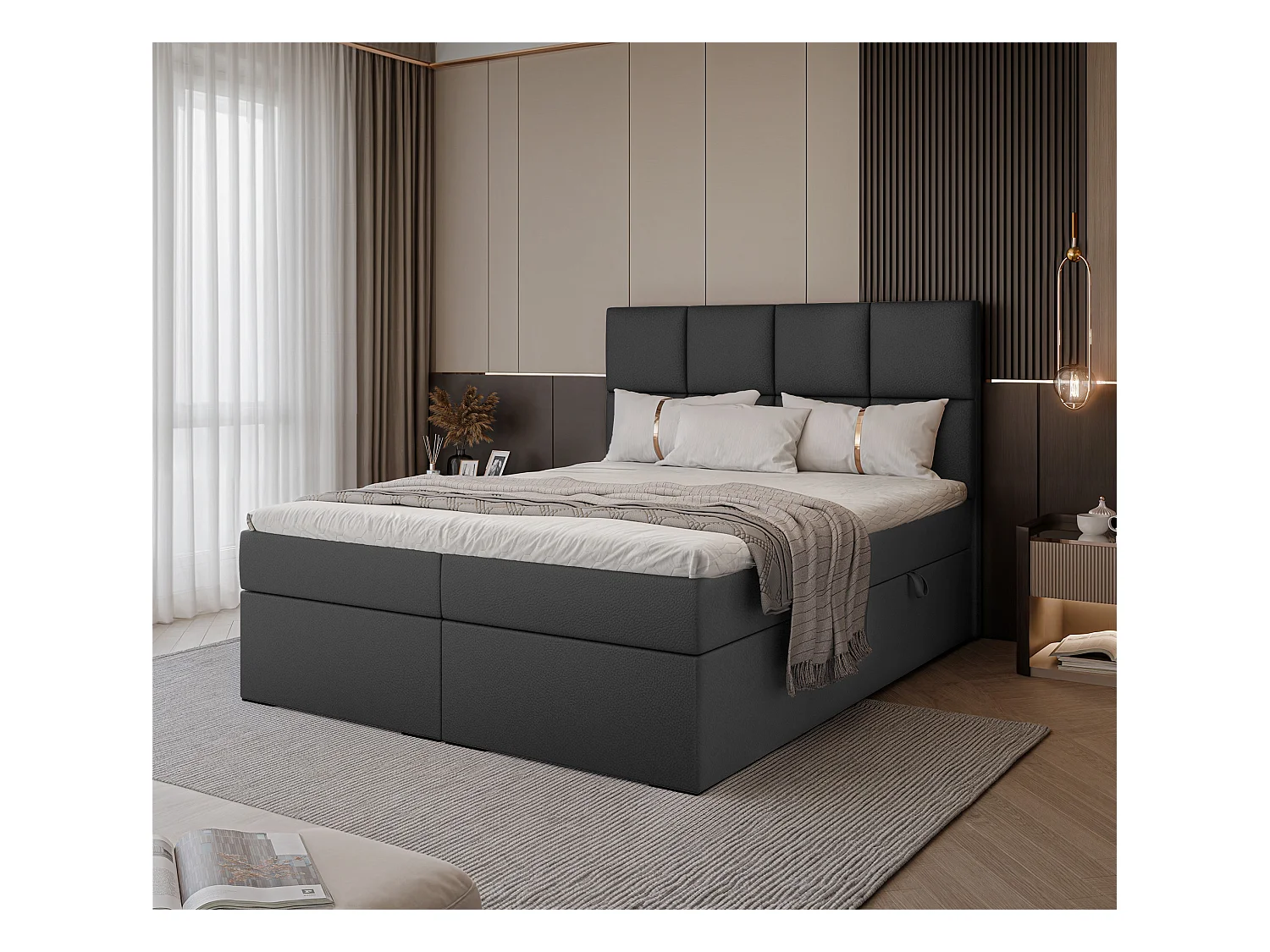 Lit continental rembourré avec surmatelas, noir  - 140x200 - MAGNUS