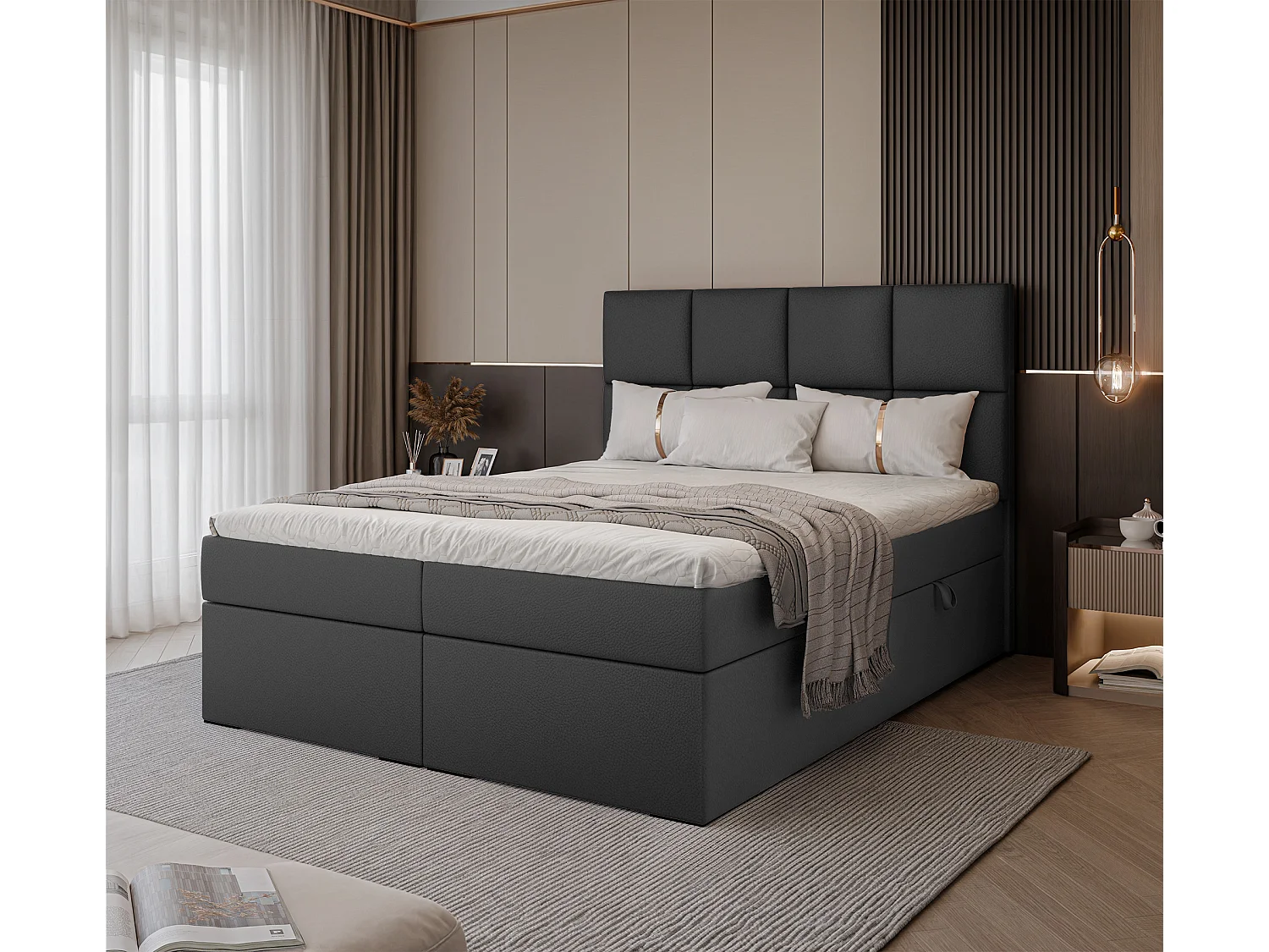 Lit continental rembourré avec surmatelas, noir  - 140x200 - MAGNUS