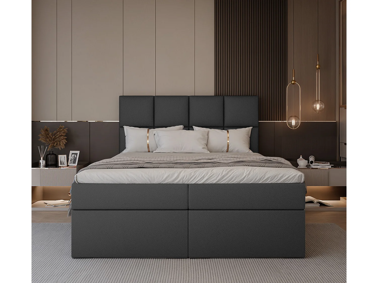 Lit continental rembourré avec surmatelas, noir  - 140x200 - MAGNUS