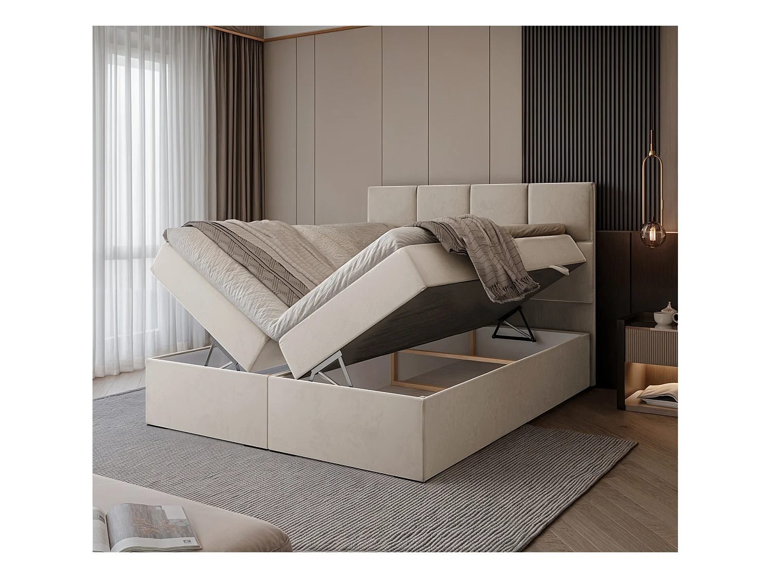 Lit continental rembourré avec surmatelas, beige - 180x200 - MAGNUS