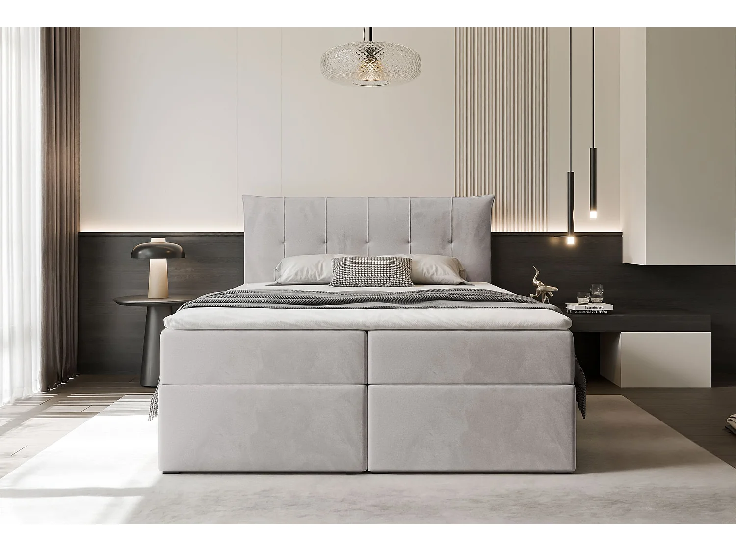 Lit continental rembourré avec surmatelas, gris - 200x200 - CHESTER