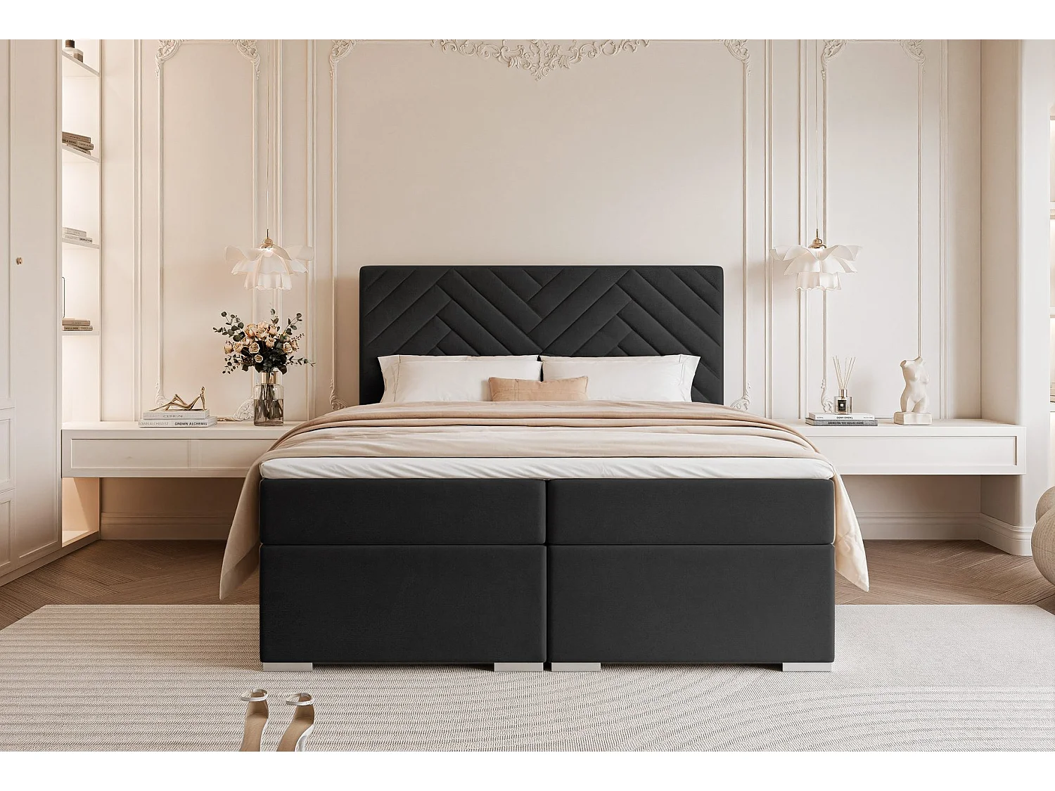 Lit continental rembourré avec surmatelas, noir - 180x200 - NEREA