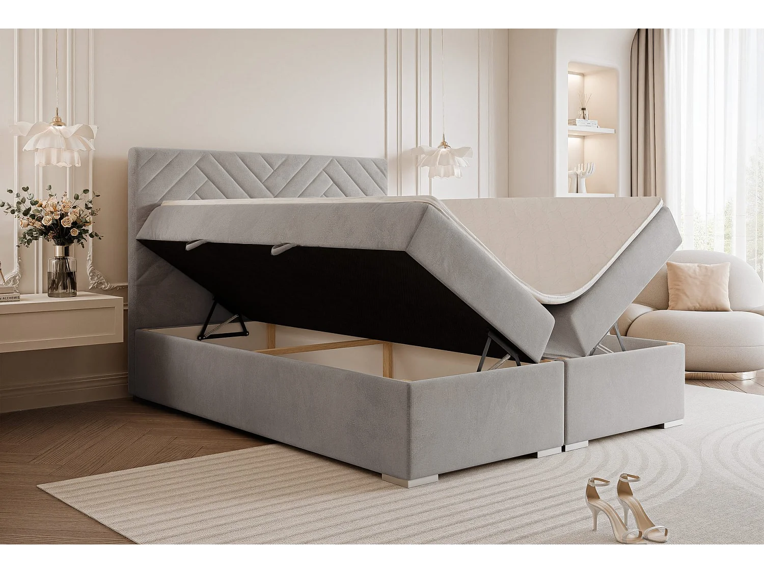 Lit continental rembourré avec surmatelas, gris clair - 160x200 - NEREA