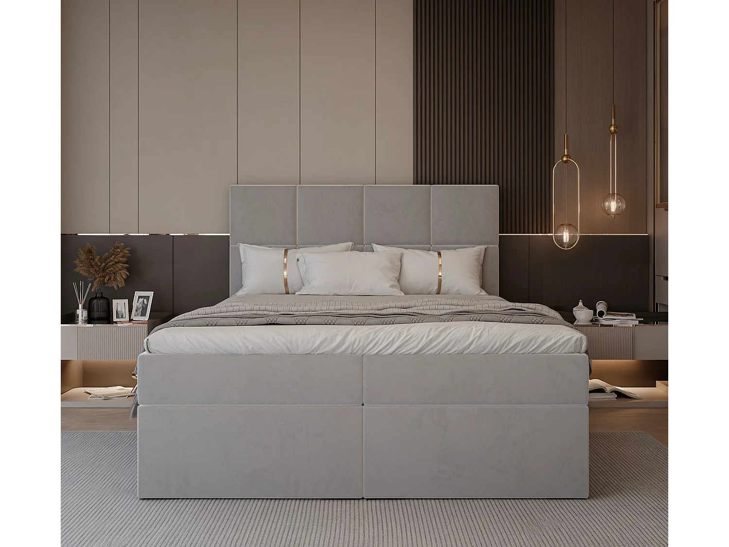 Lit continental rembourré avec surmatelas, gris - 200x200 - MAGNUS