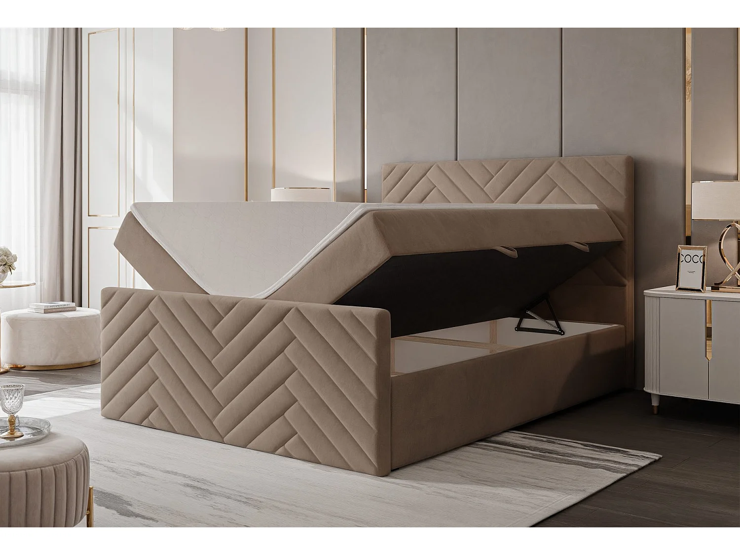 Lit continental rembourré avec surmatelas, marron - 140x200 - NEREA PLUS