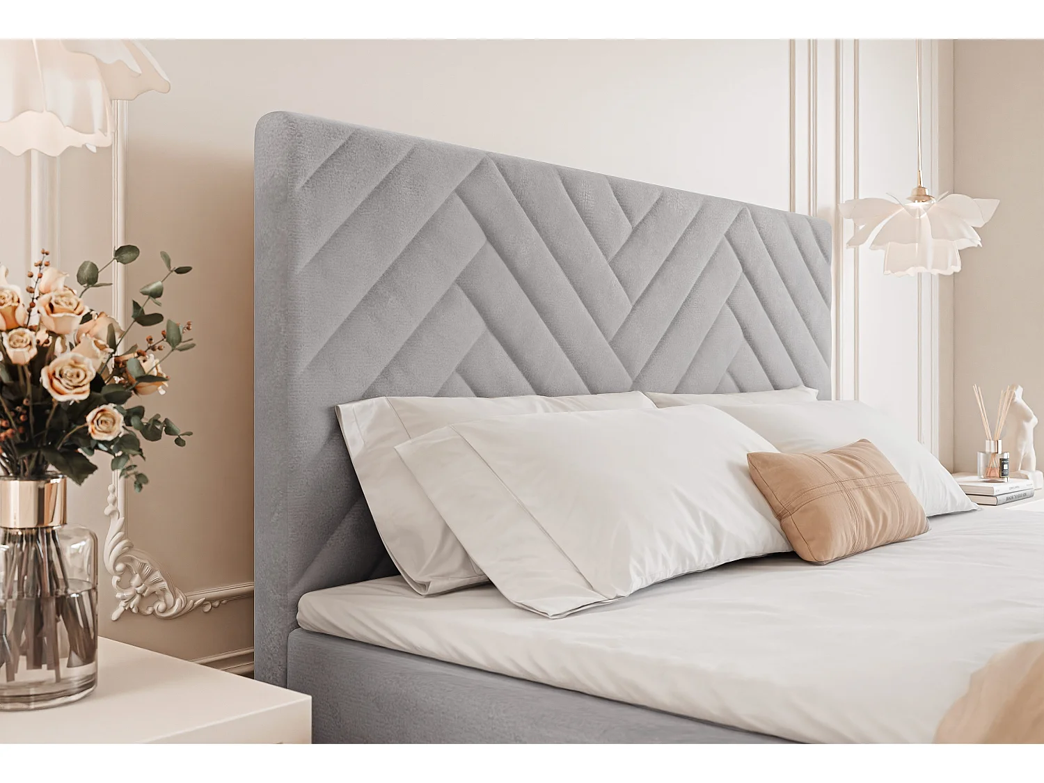 Lit continental rembourré avec surmatelas, gris - 180x200 - NEREA