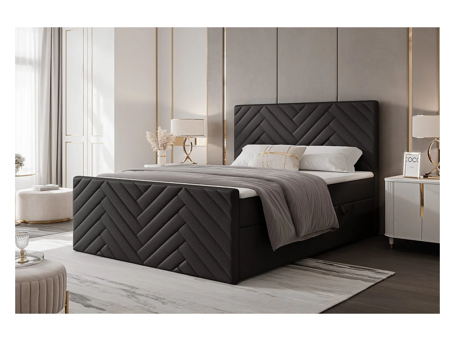 Lit continental rembourré avec surmatelas, noir  - 180x200 - NEREA PLUS