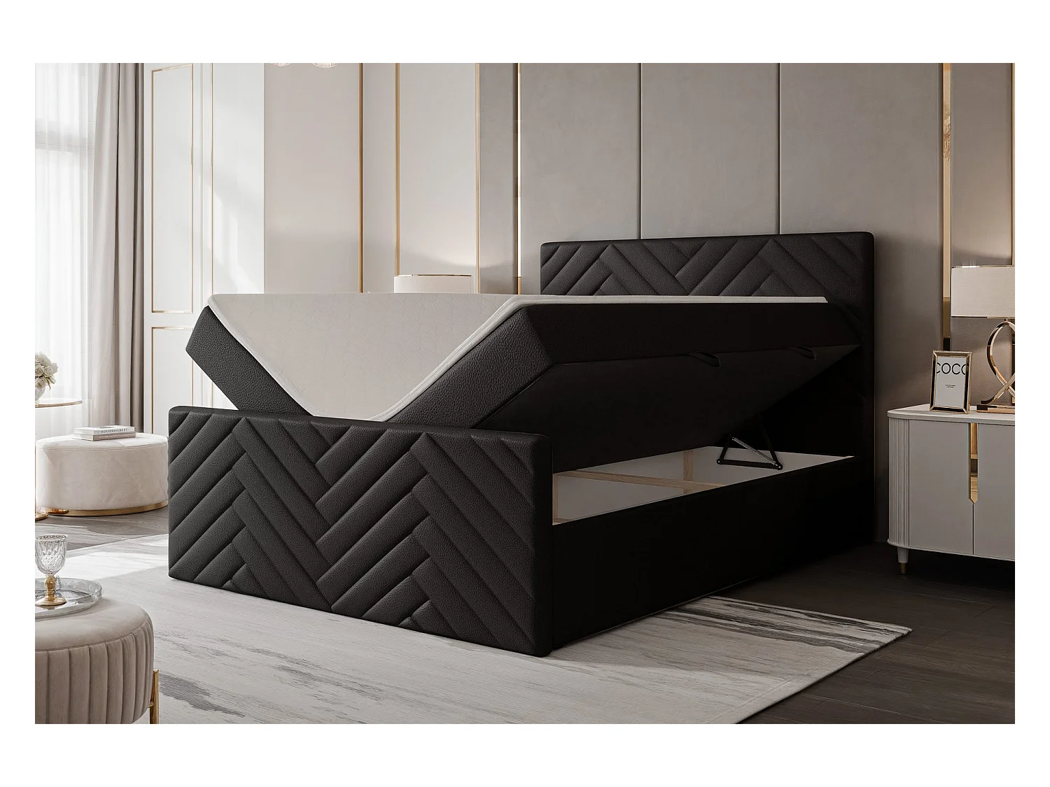 Lit continental rembourré avec surmatelas, noir  - 180x200 - NEREA PLUS