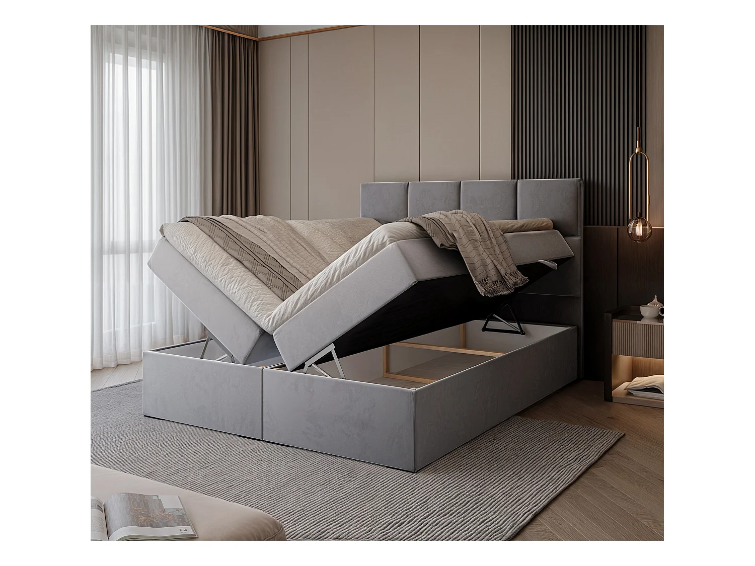 Lit continental rembourré avec surmatelas, gris clair - 140x200 - MAGNUS